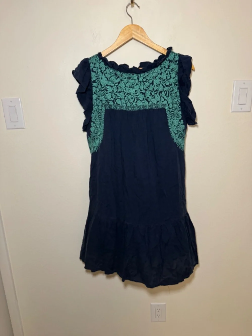 J. Marie Embroidered Ruffle Sleeve Dress Medium Navy Blue Boho Linen Blend
